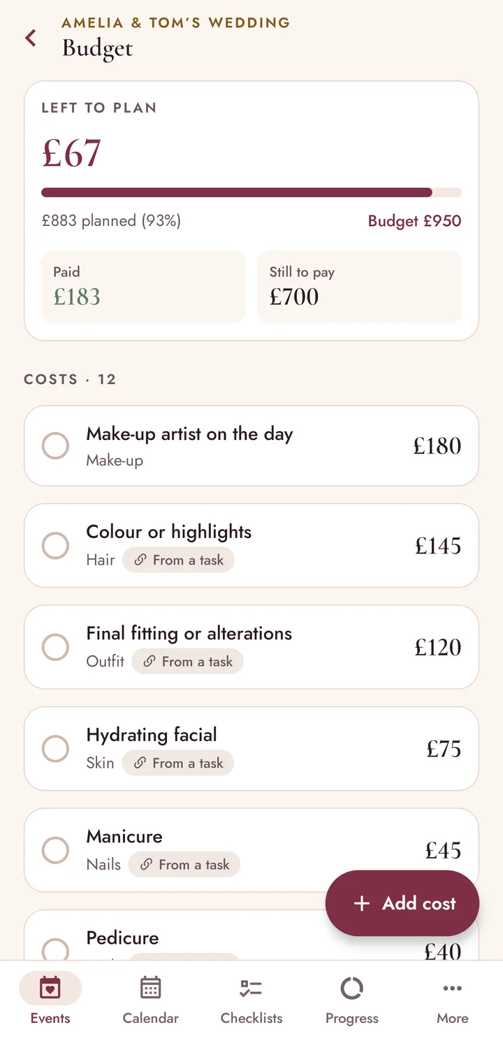 Budget screen: £67 left to plan of £950, £183 paid, £700 still to pay and a list of costs.
