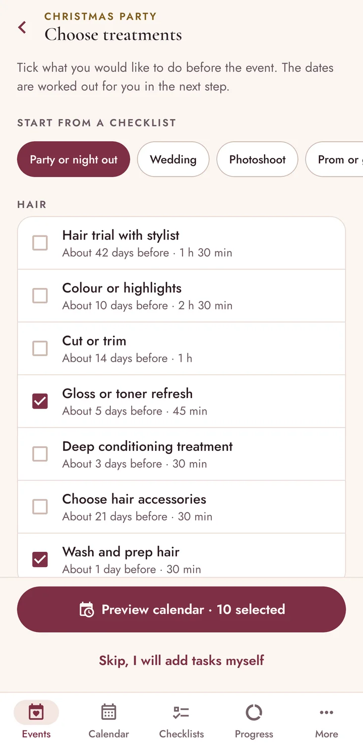 Choose treatments screen: checklist chips and a list of hair steps with their usual lead time and duration, some of them ticked.