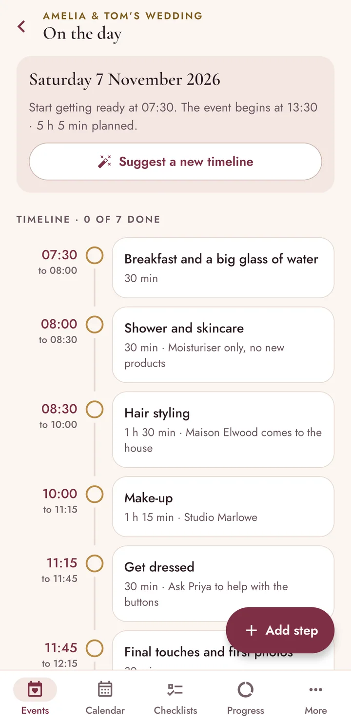 On the day screen: a timeline for a wedding day from breakfast at 07:30 through hair styling and make-up to getting dressed.