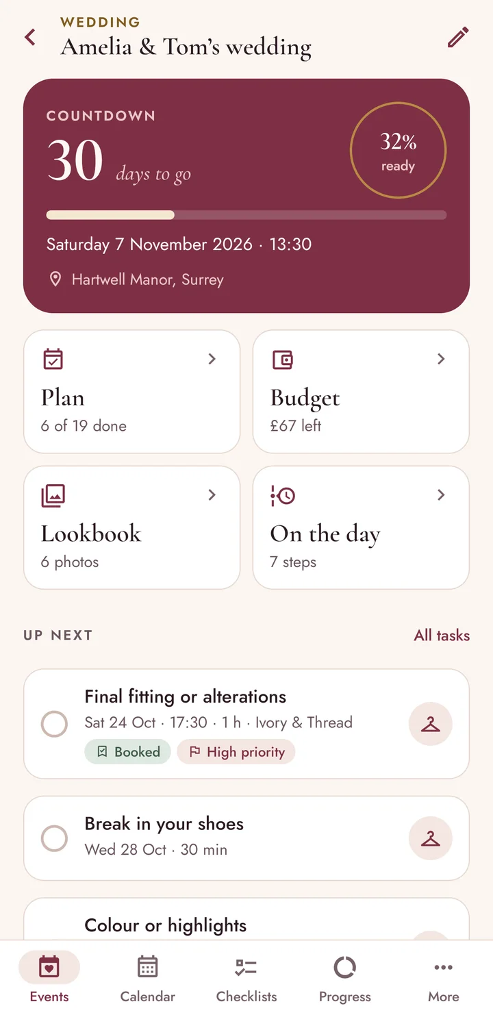 Event page of the app for a wedding: 30 days to go, 32% ready, tiles for plan, budget, lookbook and the day.