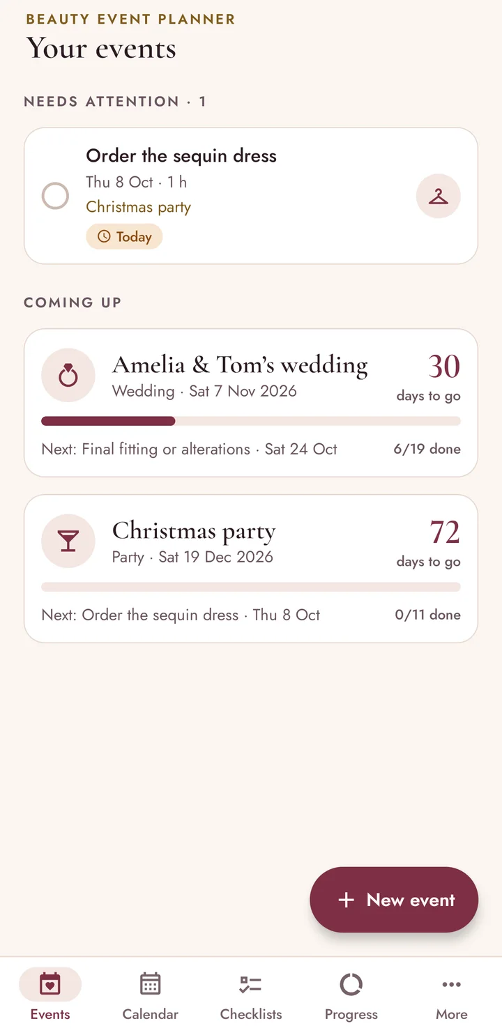 Your events screen: one task that needs attention today, then a wedding with 30 days to go and a Christmas party with 72 days to go, each with its progress.