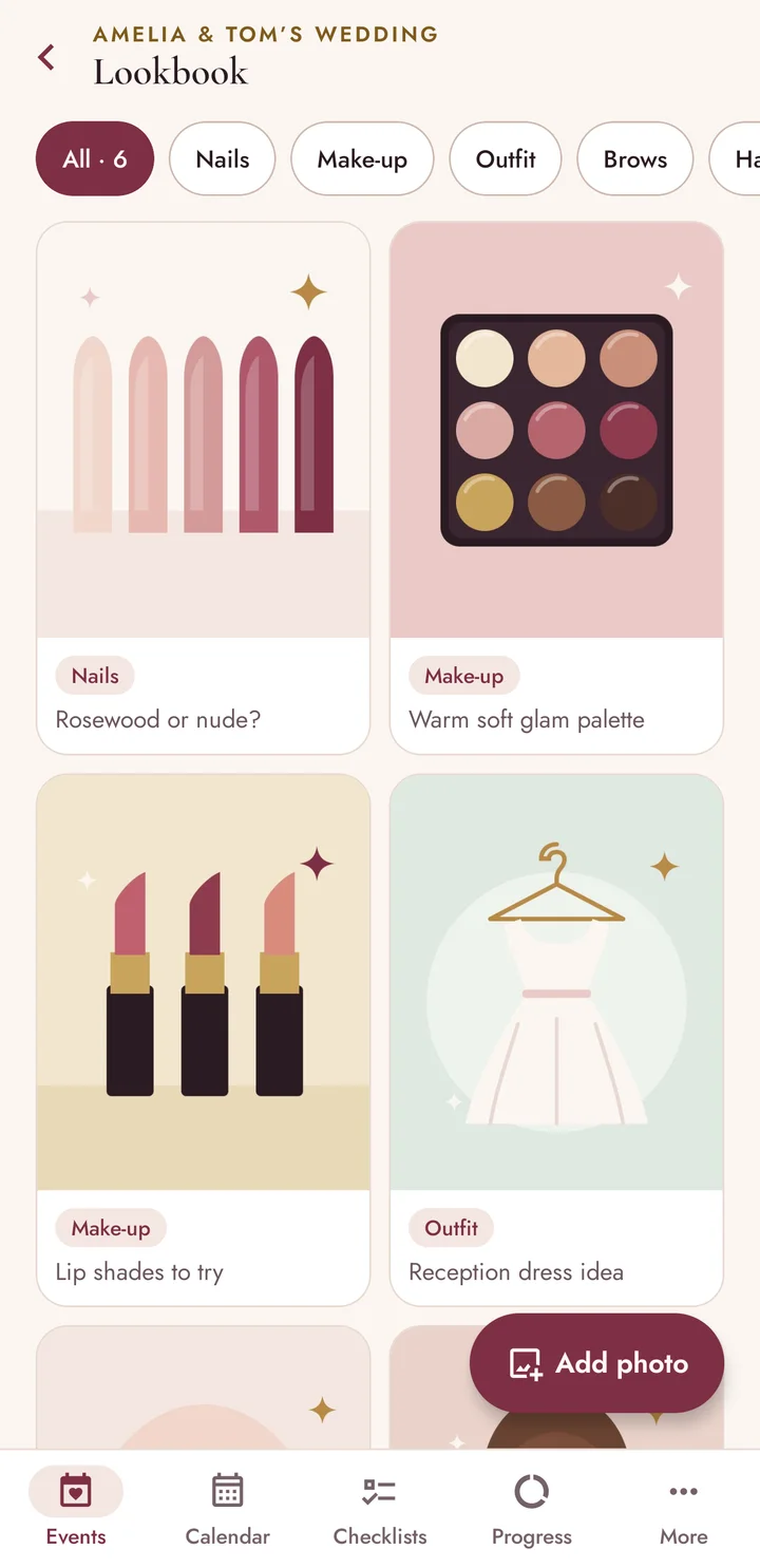 Lookbook screen: a two-column grid of illustrated inspiration pictures for nails, make-up and outfit, each with a caption.