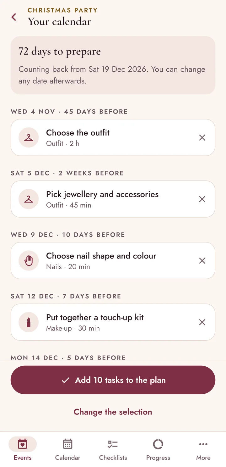Preparation calendar for a Christmas party in 72 days: choose the outfit 45 days before, pick jewellery 2 weeks before, choose nail colour 10 days before.